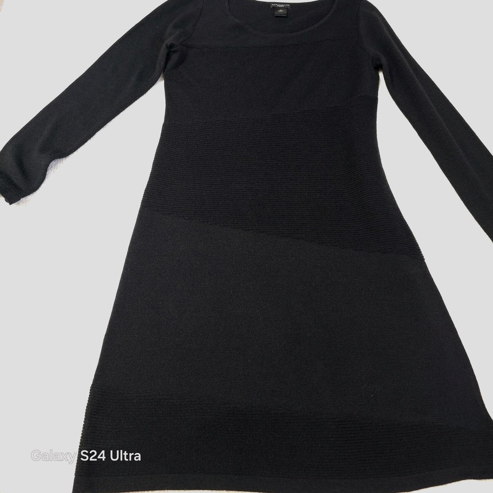 Ann Taylor Petite SP Black Knit Long Sleeve A-Line Sweater Dress Wool Blend